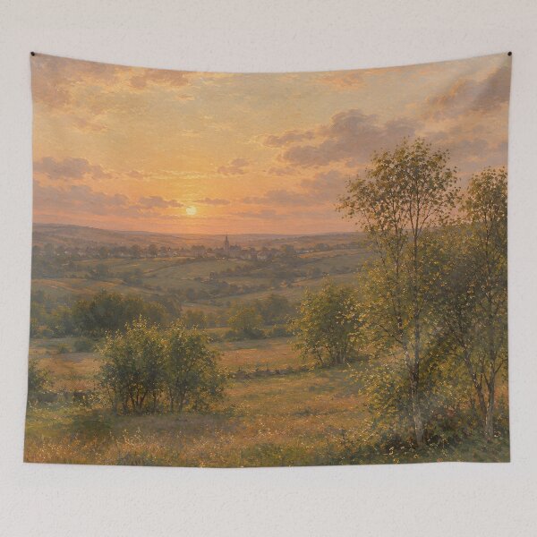 Item preview, Golden Sunset Over Countryside Village Impressionist Landscape designed and sold by GutyzDesignsES.