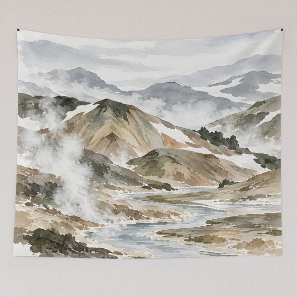 Item preview, Geothermal Mountain Valley Watercolor Landscape designed and sold by GutyzDesignsES.