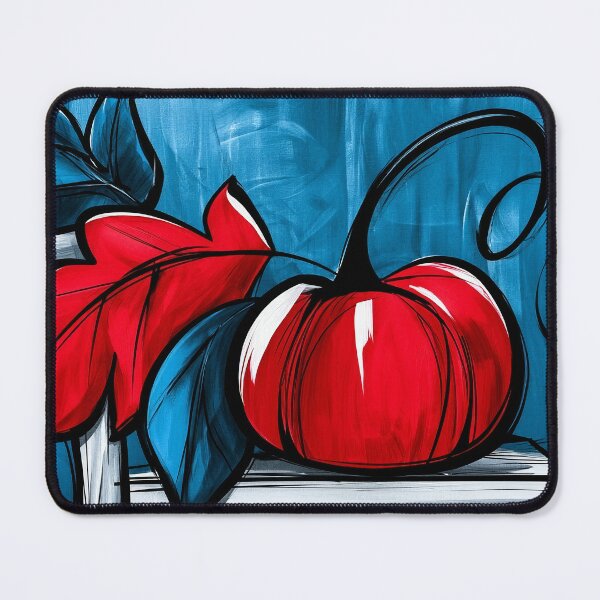 Item preview, Abstract Pumpkin with Bold Autumn Leaves on a Vivid Blue Background in Striking Contemporary Fall Art designed and sold by OlfactoART Studio.