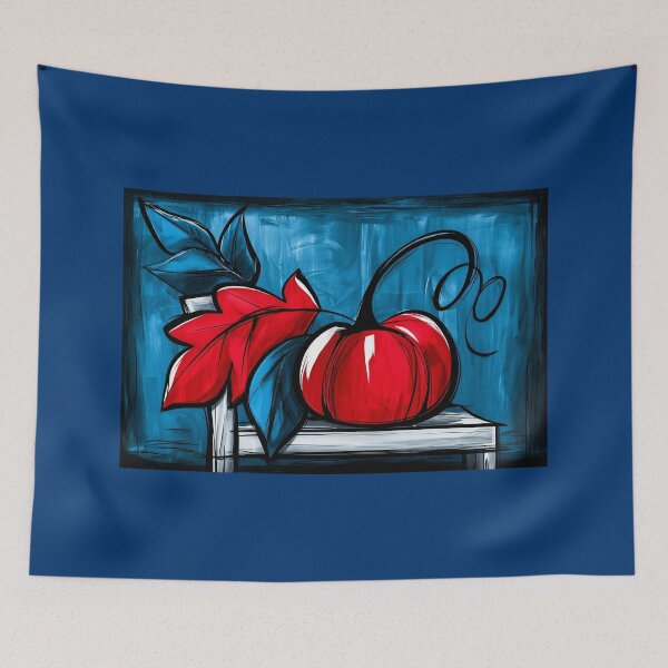 Item preview, Abstract Pumpkin with Bold Autumn Leaves on a Vivid Blue Background in Striking Contemporary Fall Art designed and sold by OlfactoART Studio.