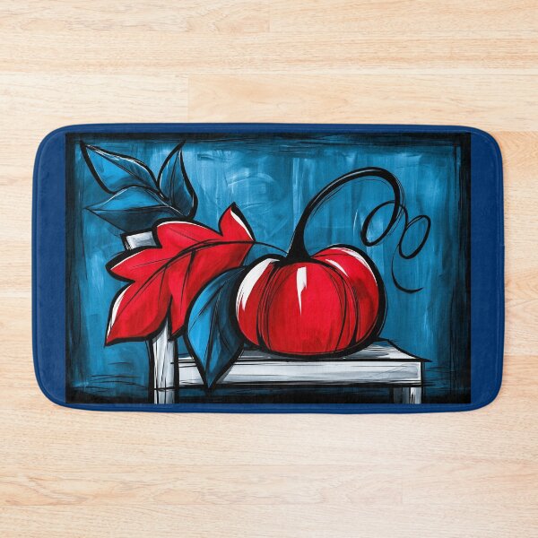 Item preview, Abstract Pumpkin with Bold Autumn Leaves on a Vivid Blue Background in Striking Contemporary Fall Art designed and sold by OlfactoART Studio.