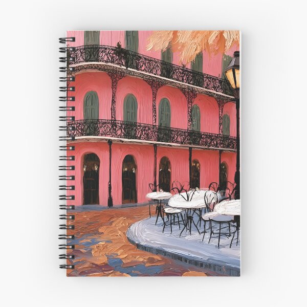 Item preview, New Orleans Autumn Cafe with Pink Facade, Wrought Iron Balconies and Fall Leaves designed and sold by OlfactoART Studio.