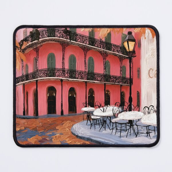 Item preview, New Orleans Autumn Cafe with Pink Facade, Wrought Iron Balconies and Fall Leaves designed and sold by OlfactoART Studio.