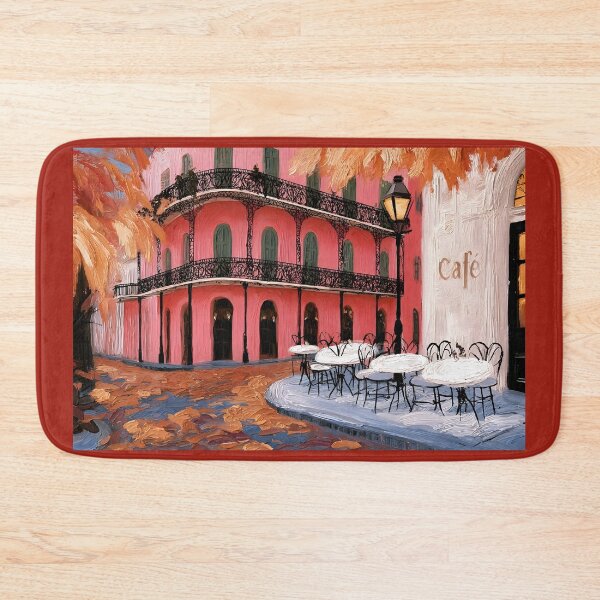 Item preview, New Orleans Autumn Cafe with Pink Facade, Wrought Iron Balconies and Fall Leaves designed and sold by OlfactoART Studio.