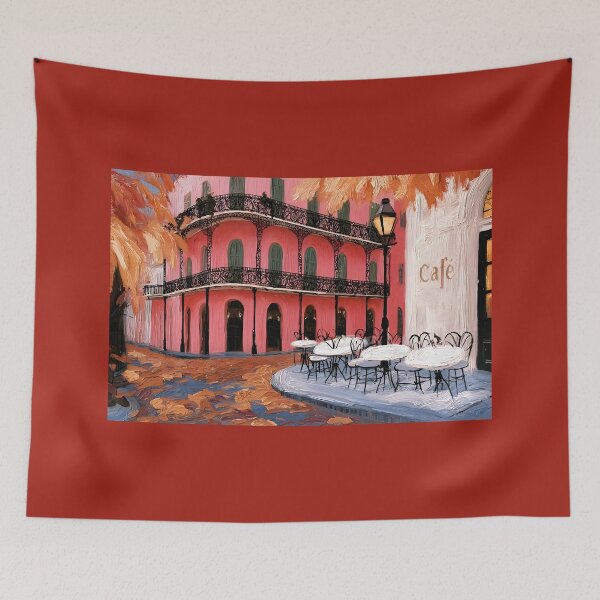 Item preview, New Orleans Autumn Cafe with Pink Facade, Wrought Iron Balconies and Fall Leaves designed and sold by OlfactoART Studio.