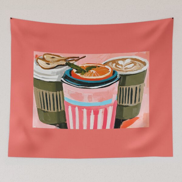 Item preview, Vibrant Fall Coffee Cups with Dried Orange and Pear Garnishes in a Colorful Autumn Beverage Display designed and sold by OlfactoART Studio.