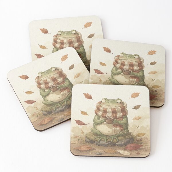Item preview, Frog in a Knitted Scarf Sipping Acorn Coffee designed and sold by PictorialWhimsy.
