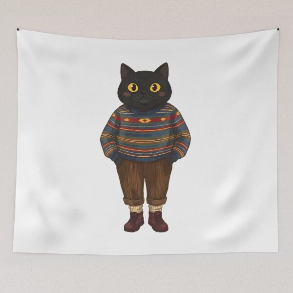 Item preview, Cozy Autumn Black Cat in Vintage Sweater designed and sold by PurrfectHome.