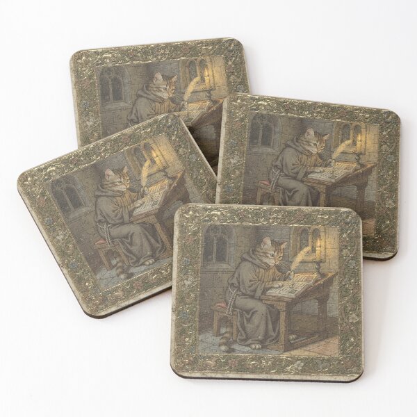 Item preview, Medieval Cat Scribe Copying by Candlelight designed and sold by PictorialWhimsy.