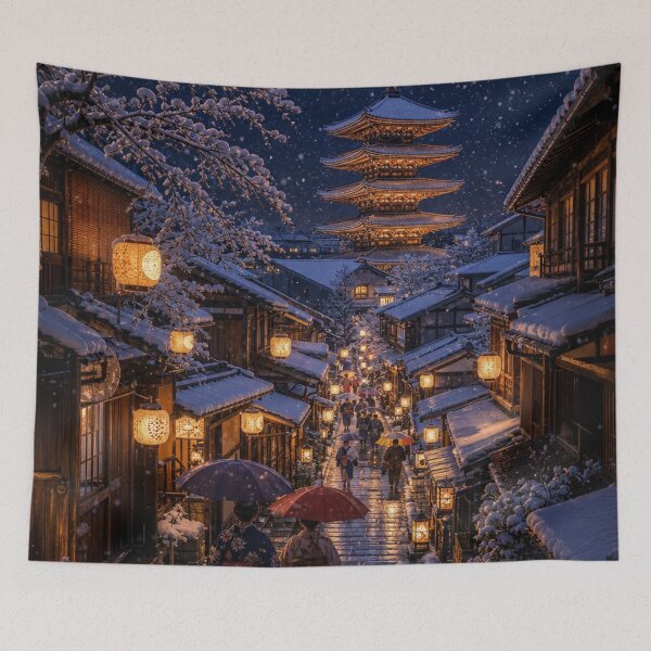 Item preview, Kyoto Snowy Night – Lanterns and Pagoda designed and sold by vekotpu.