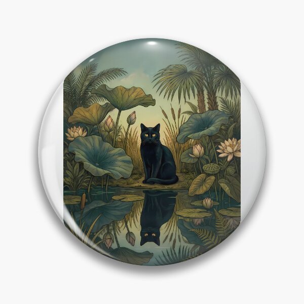 Item preview,  Vintage Black Cat in Lotus Pond Botanical Art designed and sold by PurrfectHome.