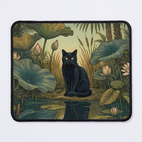 Item preview, Vintage Black Cat in Lotus Pond Botanical Art designed and sold by PurrfectHome.