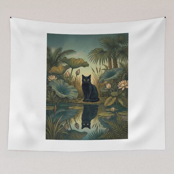 Item preview,  Vintage Black Cat in Lotus Pond Botanical Art designed and sold by PurrfectHome.