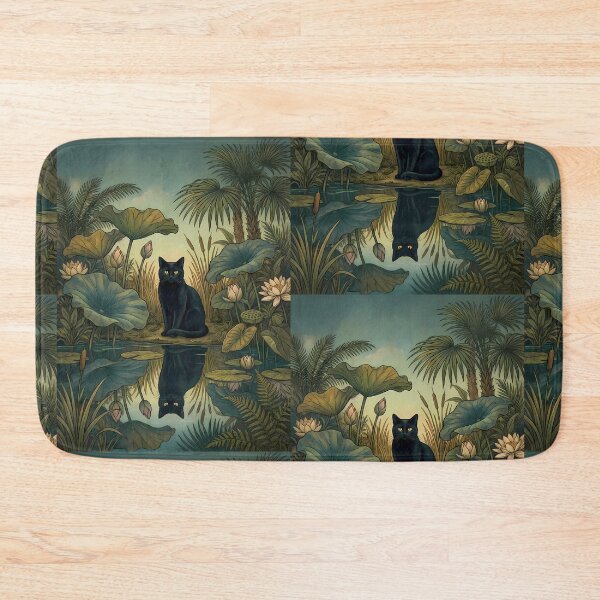Item preview,  Vintage Black Cat in Lotus Pond Botanical Art designed and sold by PurrfectHome.