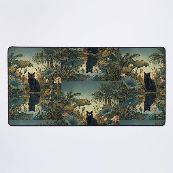 Item preview, Vintage Black Cat in Lotus Pond Botanical Art designed and sold by PurrfectHome.
