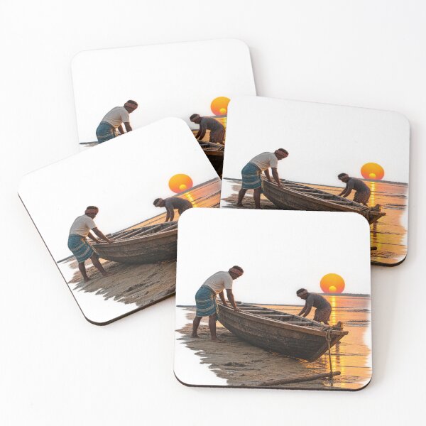 Item preview, Sunset River Boat – Fishermen at Work | Rustic Riverside Fishing Art designed and sold by meghnad.