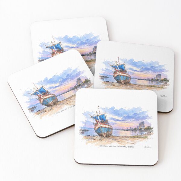 Item preview, Thai Fishing Boat at Sunset — Watercolor and Ink Coastal Scene designed and sold by Russell Thorne.