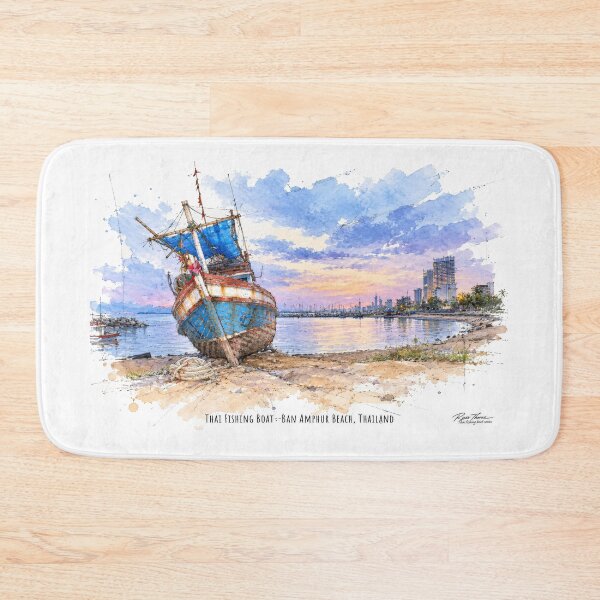 Item preview, Thai Fishing Boat at Sunset — Watercolor and Ink Coastal Scene designed and sold by Russell Thorne.