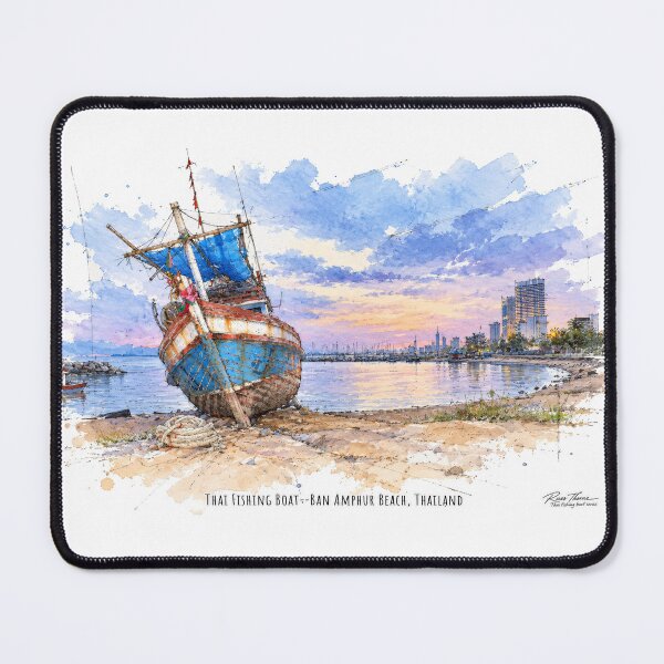 Item preview, Thai Fishing Boat at Sunset — Watercolor and Ink Coastal Scene designed and sold by Russell Thorne.