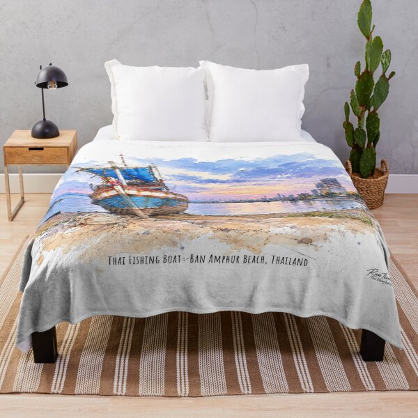 Item preview, Thai Fishing Boat at Sunset — Watercolor and Ink Coastal Scene designed and sold by Russell Thorne.