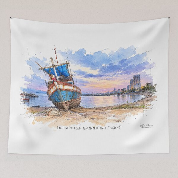 Item preview, Thai Fishing Boat at Sunset — Watercolor and Ink Coastal Scene designed and sold by Russell Thorne.