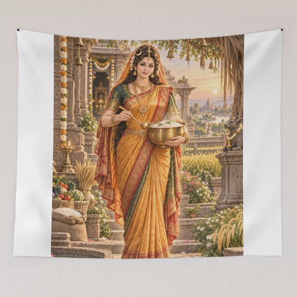 Item preview, Goddess Annapurna with Golden Food Vessel — Divine Nourishment Art designed and sold by Homyar.