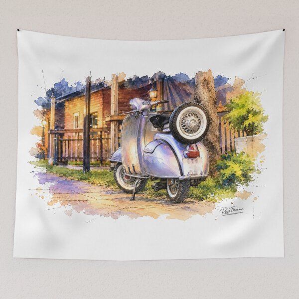 Item preview, Vintage Scooter on a Quiet Evening Street — Watercolor and Ink designed and sold by Russell Thorne.