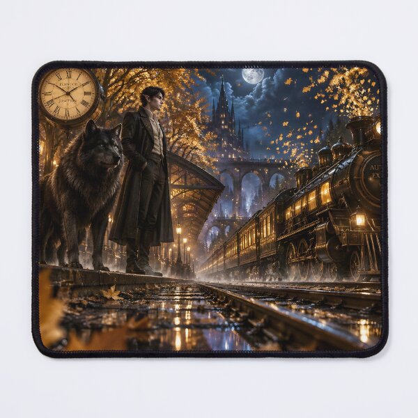 Item preview, Elf and Wolf at Enchanted Autumn Railway Station designed and sold by sigmaartstudio.