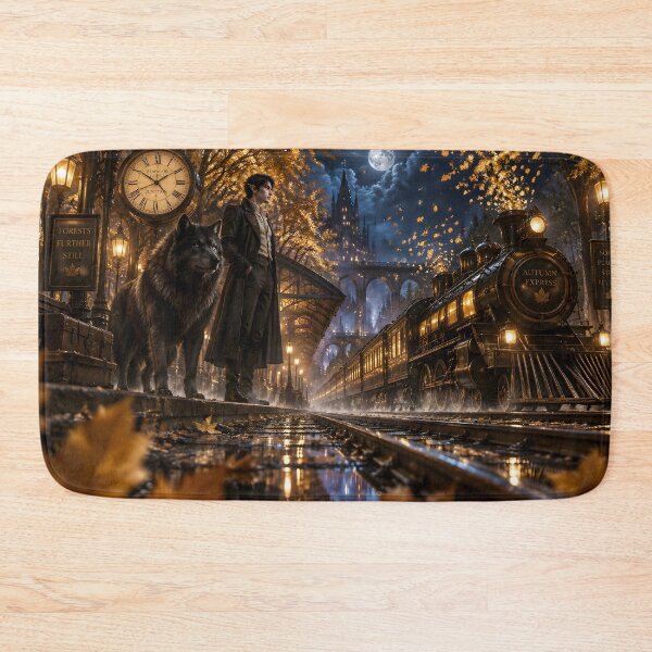 Item preview, Elf and Wolf at Enchanted Autumn Railway Station designed and sold by sigmaartstudio.