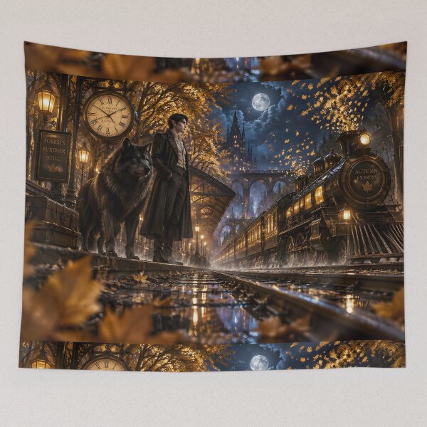 Item preview, Elf and Wolf at Enchanted Autumn Railway Station designed and sold by sigmaartstudio.