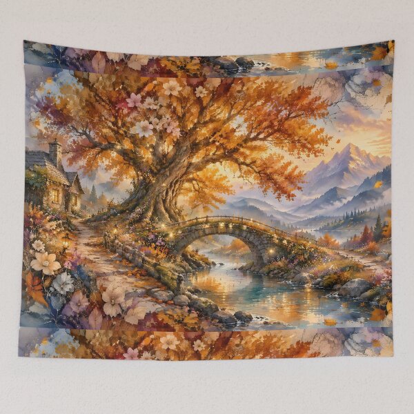 Item preview, Autumn Dreamscape with Ancient Tree and Stone Bridge designed and sold by sigmaartstudio.
