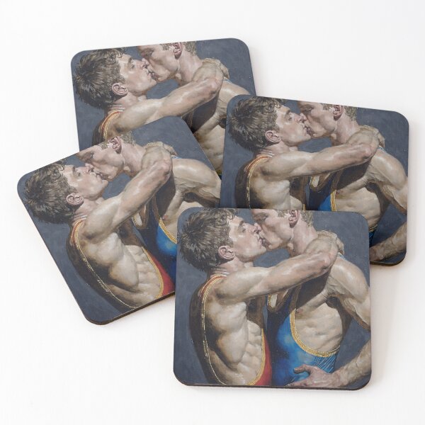 Item preview, Tender Wrestlers Kiss – Homoerotic Vintage Oil Painting Art designed and sold by gayishdesign.