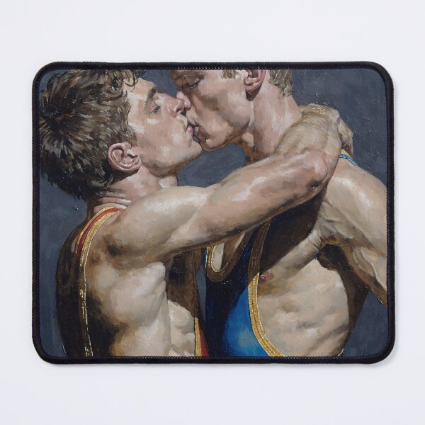 Item preview, Tender Wrestlers Kiss – Homoerotic Vintage Oil Painting Art designed and sold by gayishdesign.