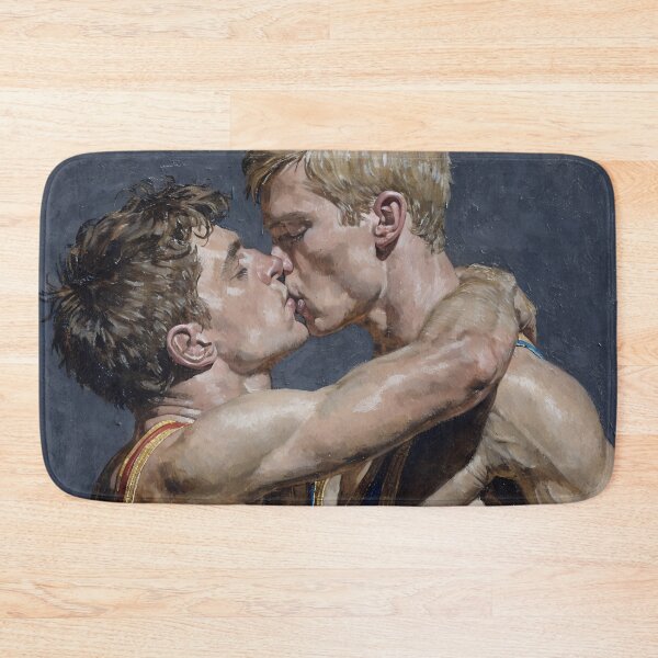 Artikelvorschau, Zärtlicher Kuss zwischen Ringern – Homoerotisches Ölgemälde im Vintage-Stil entworfen und verkauft von gayishdesign.