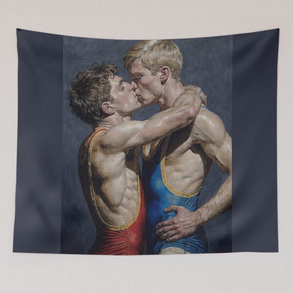Item preview, Tender Wrestlers Kiss – Homoerotic Vintage Oil Painting Art designed and sold by gayishdesign.