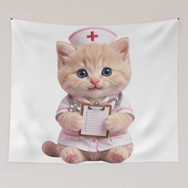 Item preview, Paws & Care - Super Cute Cat Nurse with Stethoscope & Clipboard | Fluffy Ginger Kitten in White Nurse Uniform with Red Cross  designed and sold by HoMya.