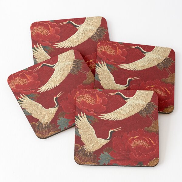 Item preview, Japanese Japanese Cranes and Peonies — Traditional Oriental Red Floral Art designed and sold by LYAN-STORE.