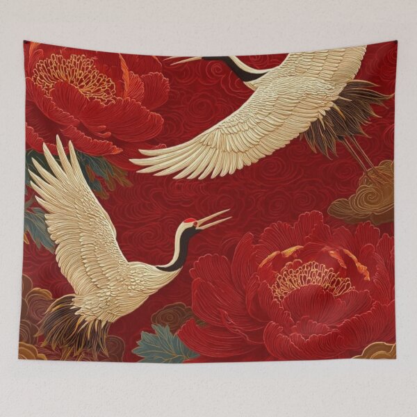 Item preview, Japanese Japanese Cranes and Peonies — Traditional Oriental Red Floral Art designed and sold by LYAN-STORE.