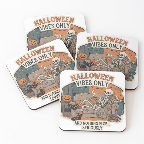 Item preview, "Halloween Vibes Only" Cozy Skeleton Coffin-Shaped Graphic Sticker Design designed and sold by CreativeNest Prints.