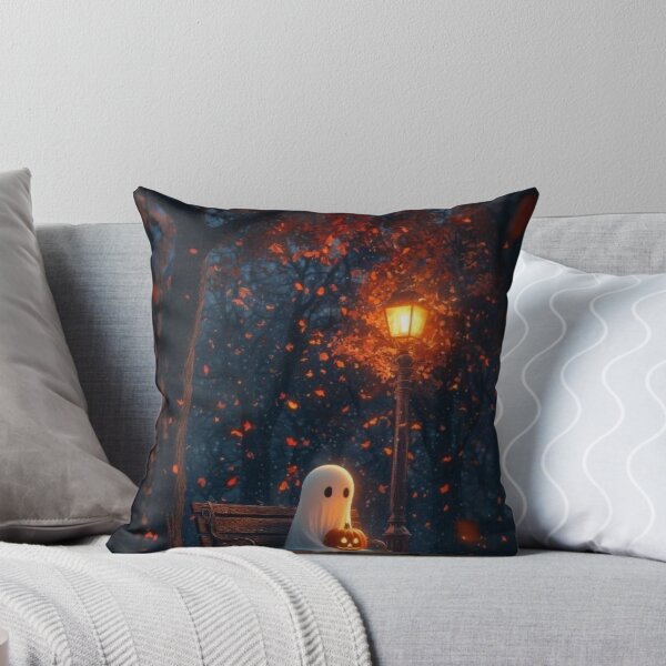 Item preview, Cute Ghost with Jack-o'-Lantern in Autumn Park — Spooky Halloween Wall Art designed and sold by LYAN-STORE.