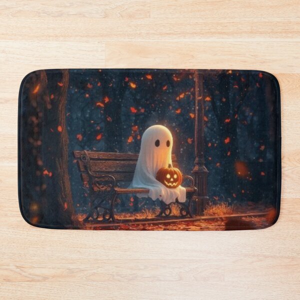 Item preview, Cute Ghost with Jack-o'-Lantern in Autumn Park — Spooky Halloween Wall Art designed and sold by LYAN-STORE.