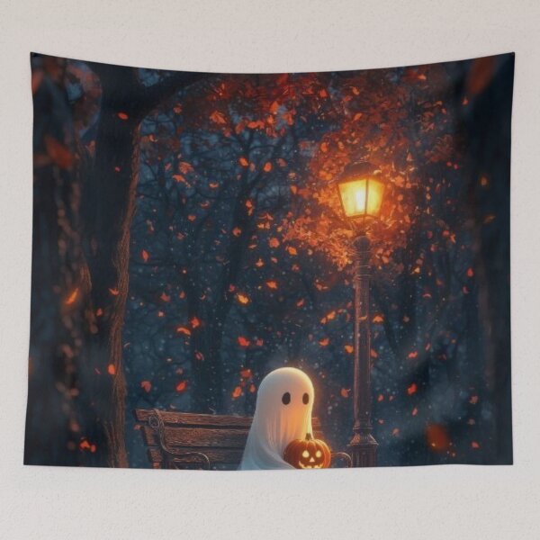 Item preview, Cute Ghost with Jack-o'-Lantern in Autumn Park — Spooky Halloween Wall Art designed and sold by LYAN-STORE.
