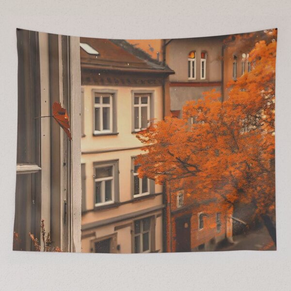 Item preview, Cozy Autumn Window View with Coffee — Warm Old Town Cityscape Art designed and sold by LYAN-STORE.