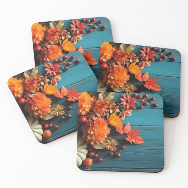 Item preview, Autumn Pumpkins and Orange Flowers on Teal Wooden Background designed and sold by LYAN-STORE.