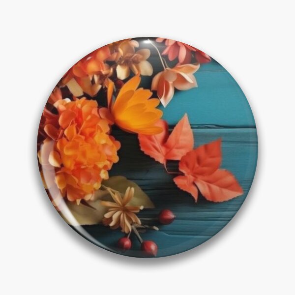 Item preview, Autumn Pumpkins and Orange Flowers on Teal Wooden Background designed and sold by LYAN-STORE.