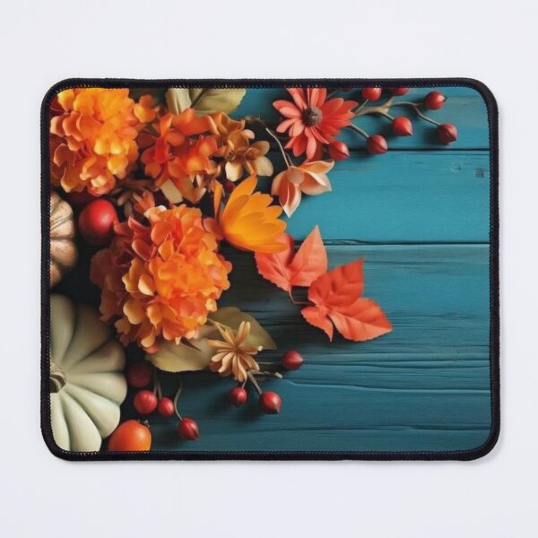 Item preview, Autumn Pumpkins and Orange Flowers on Teal Wooden Background designed and sold by LYAN-STORE.
