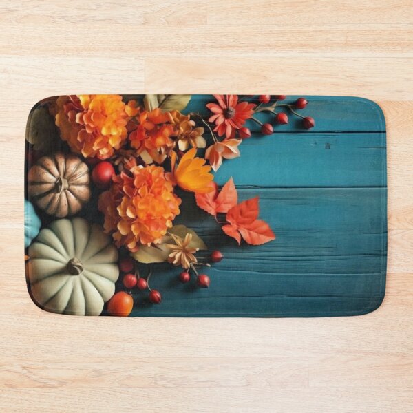 Item preview, Autumn Pumpkins and Orange Flowers on Teal Wooden Background designed and sold by LYAN-STORE.