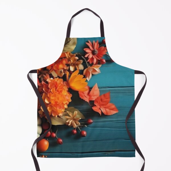 Item preview, Autumn Pumpkins and Orange Flowers on Teal Wooden Background designed and sold by LYAN-STORE.