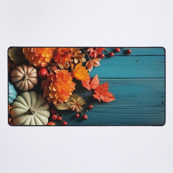 Item preview, Autumn Pumpkins and Orange Flowers on Teal Wooden Background designed and sold by LYAN-STORE.