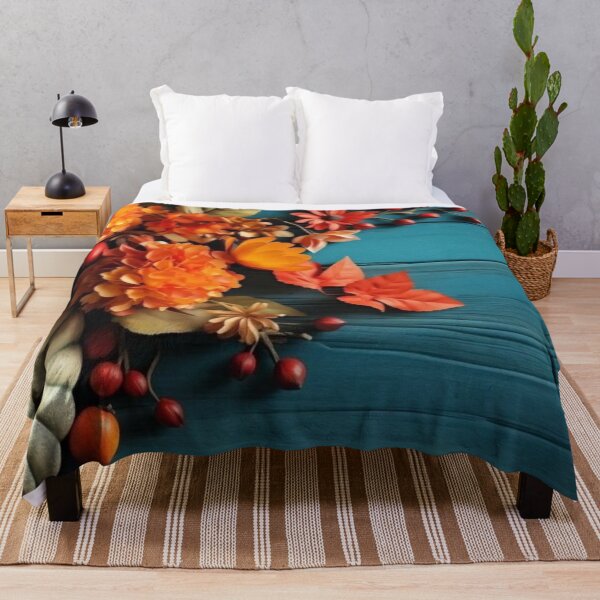 Item preview, Autumn Pumpkins and Orange Flowers on Teal Wooden Background designed and sold by LYAN-STORE.